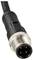 Black, round connector with metal threading and four pins, suitable for industrial applications and robust connections.