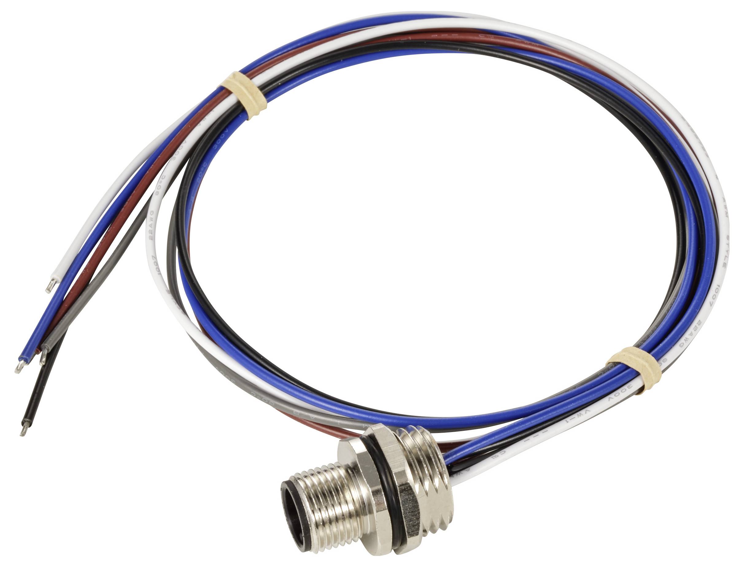 A cable with multiple coloured wires terminating in a metal plug. The plug has a threaded connection for securing.