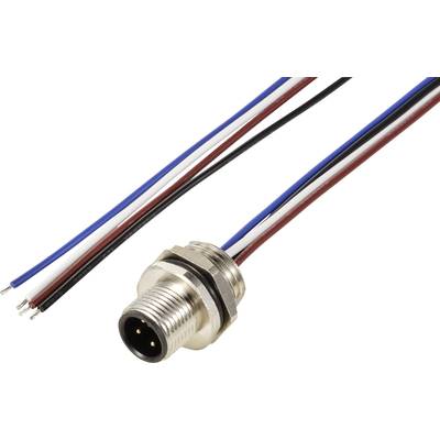 A four-pole M8 connector with coloured cables (white, blue, red, black) for industrial applications, with a robust metal housing.