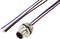 A four-pole M8 connector with coloured cables (white, blue, red, black) for industrial applications, with a robust metal housing.