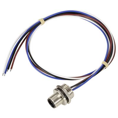 Round connector with four coloured cables (red, blue, black, white), metal interior, plastic exterior, with mounting fixture.