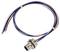 Round connector with four coloured cables (red, blue, black, white), metal interior, plastic exterior, with mounting fixture.
