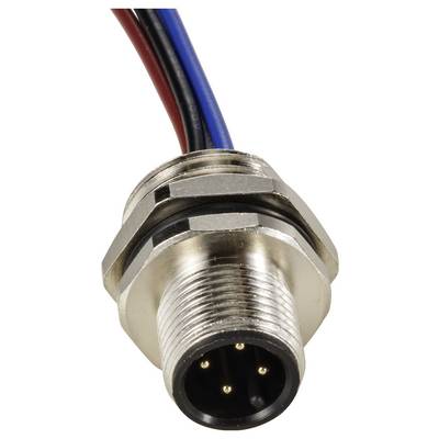 A cylindrical, metallic plug with three visible pins and red, blue, black cables. Possibly for electronic connections.