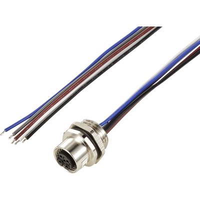 Metal plug with five coloured wires: blue, red, black, white, brown. Electronic component for cable connection.