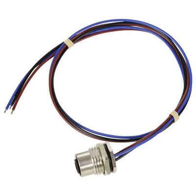 Metal plug with three coloured cables: red, blue and black. Cable ends are exposed and secured by two cable ties.