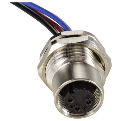 Socket with metal casing and four connection points; red, blue, and black wires are attached to it.