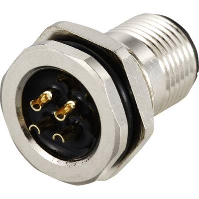 A round electrical connector with three gold-coloured contacts and a hexagonal metal housing for mounting.