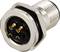A round electrical connector with three gold-coloured contacts and a hexagonal metal housing for mounting.