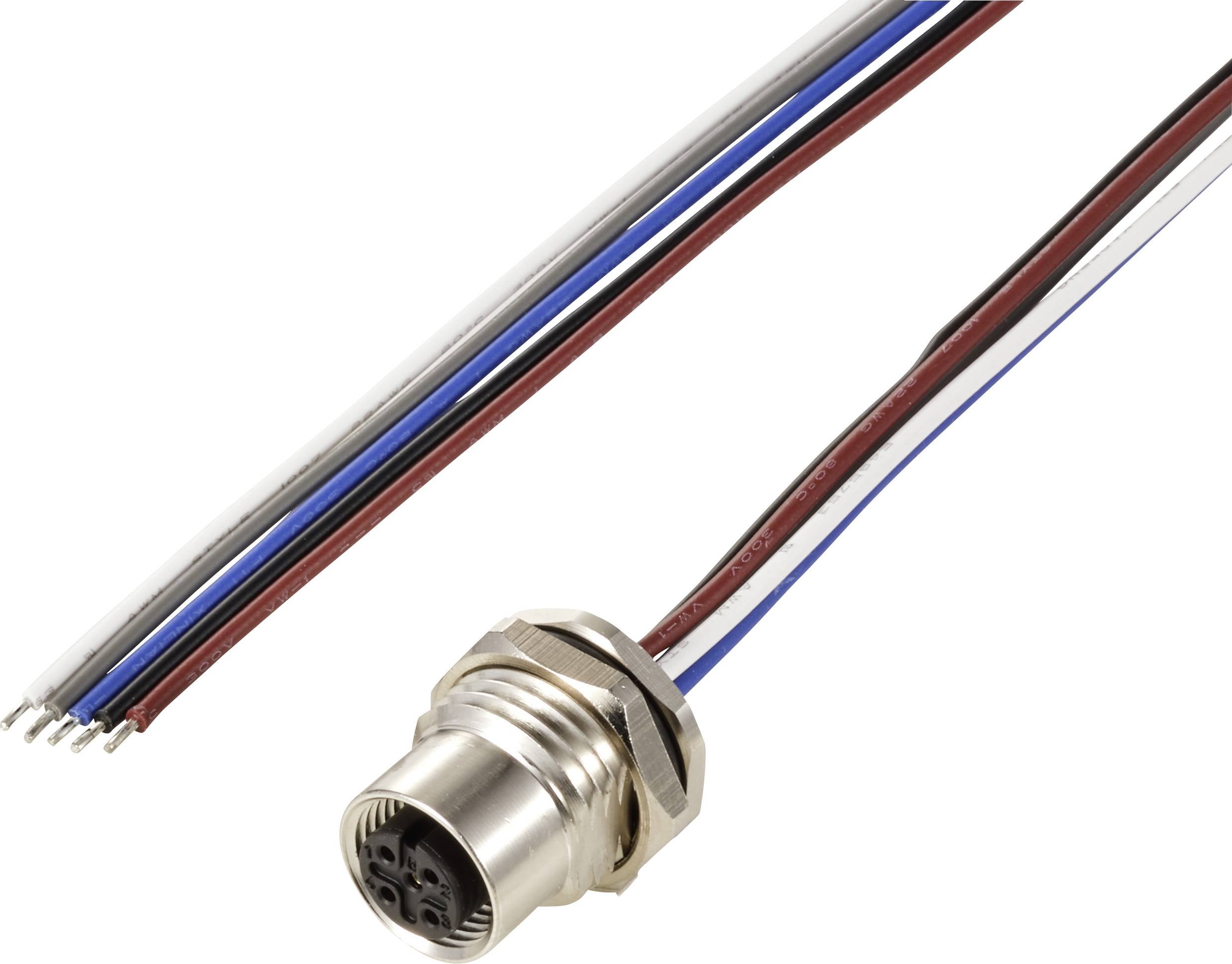 A round, silver connector plug with multiple coloured wires terminating in white, blue, red, and black. Suitable for electrical connections.