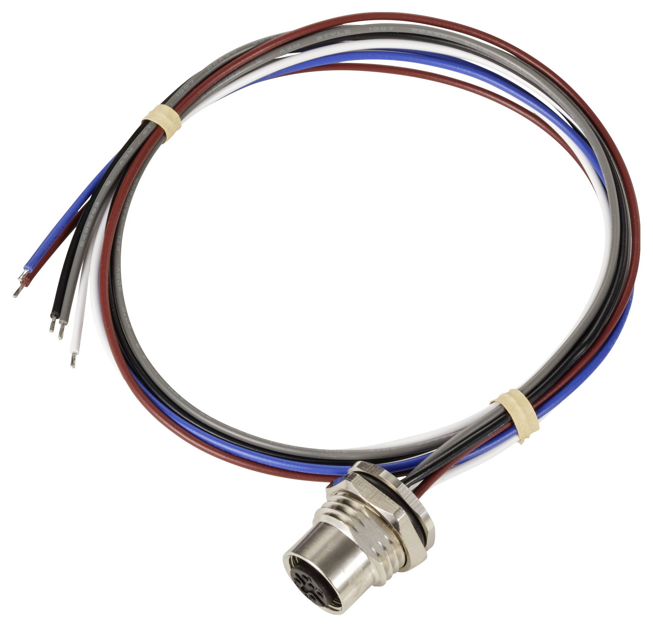 A round metal connector piece with several coloured cables attached to it, including red, blue, black, and brown.