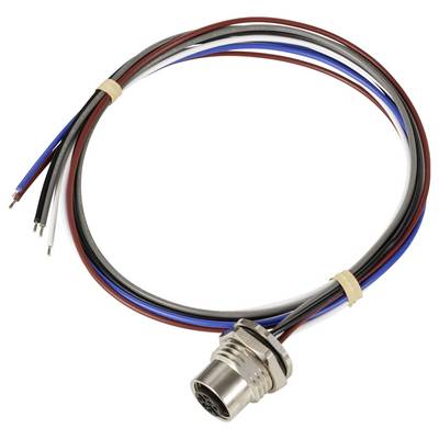 A round metal connector piece with several coloured cables attached to it, including red, blue, black, and brown.
