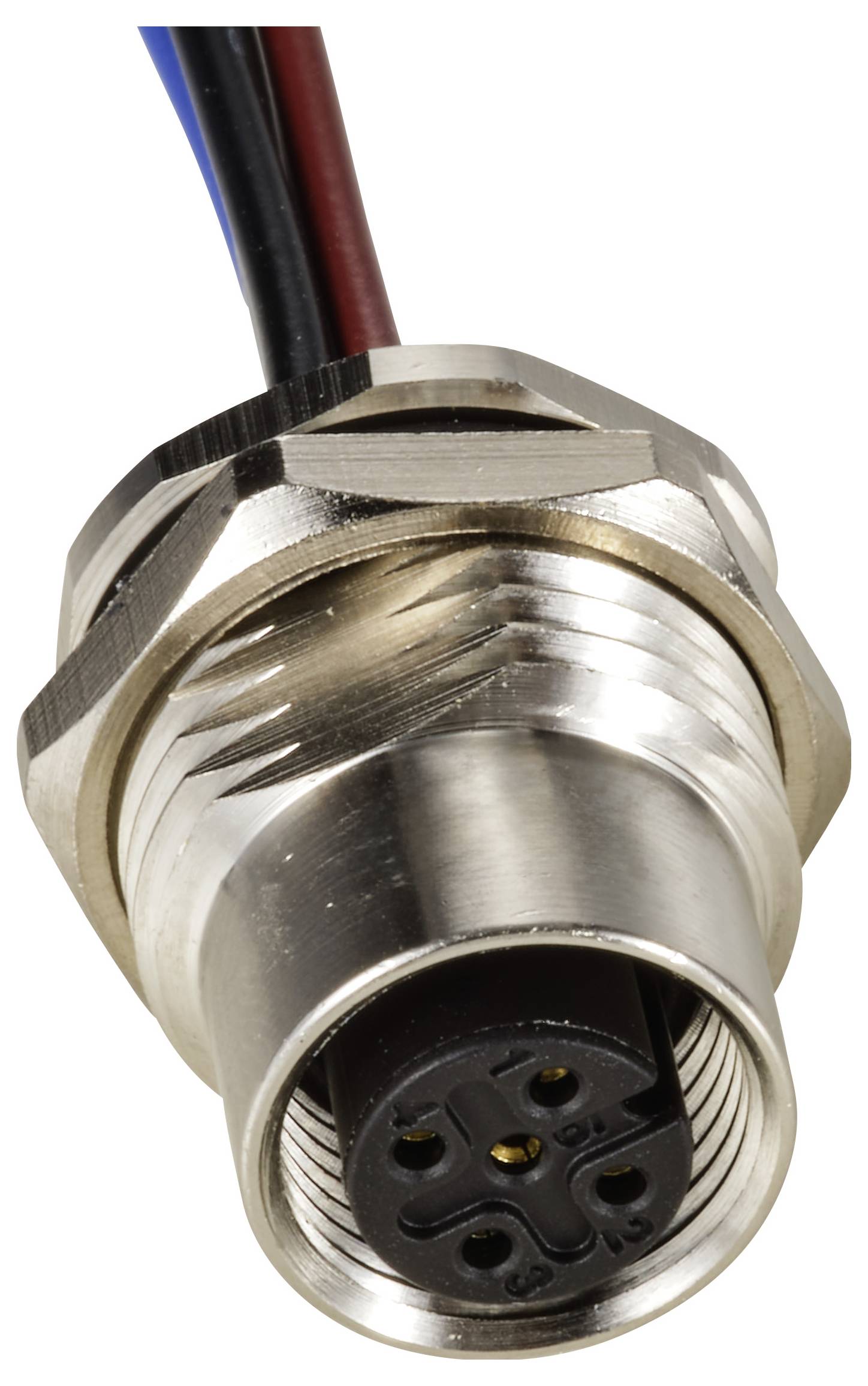 Metallic electrical connector with multiple wires and a round plug. Suitable for industrial applications.
