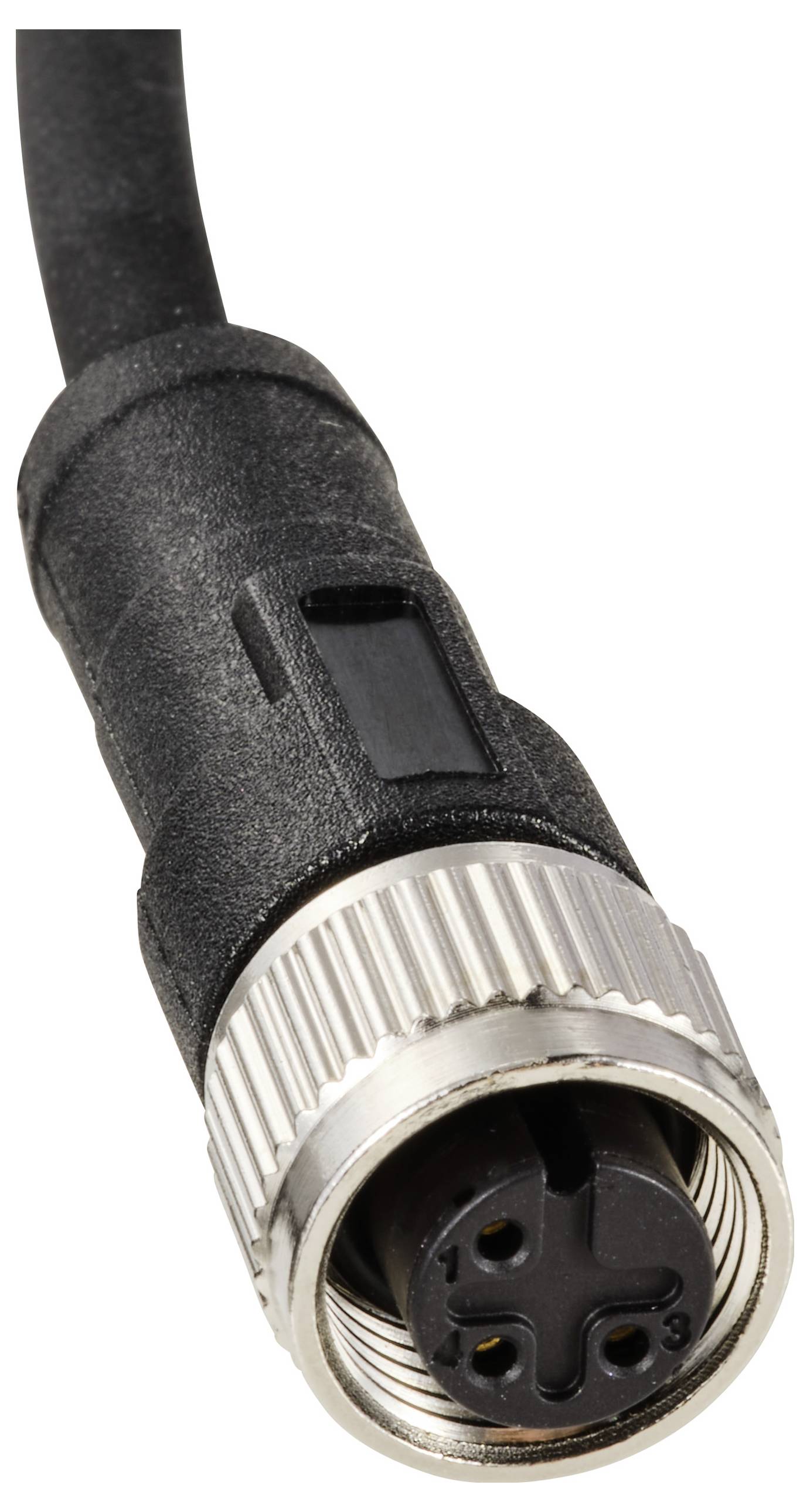 Close-up of a black plug with a metal thread and three connections, used for technical connections.