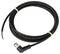 'A black, coiled electrical cable with a metal connector at one end and exposed wires at the other end.'