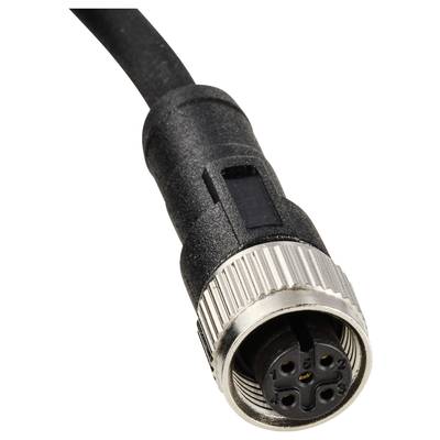 A black cable plug with a silver metal ring and multiple ports at the end, for electrical connections.