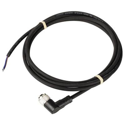 Black cable with angled metal plug and open cable end with three cores (blue, brown, black), secured with rubber bands.