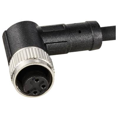 A black, right-angled plug with a ribbed metal ring. Possibly an electrical connection or adaptor.