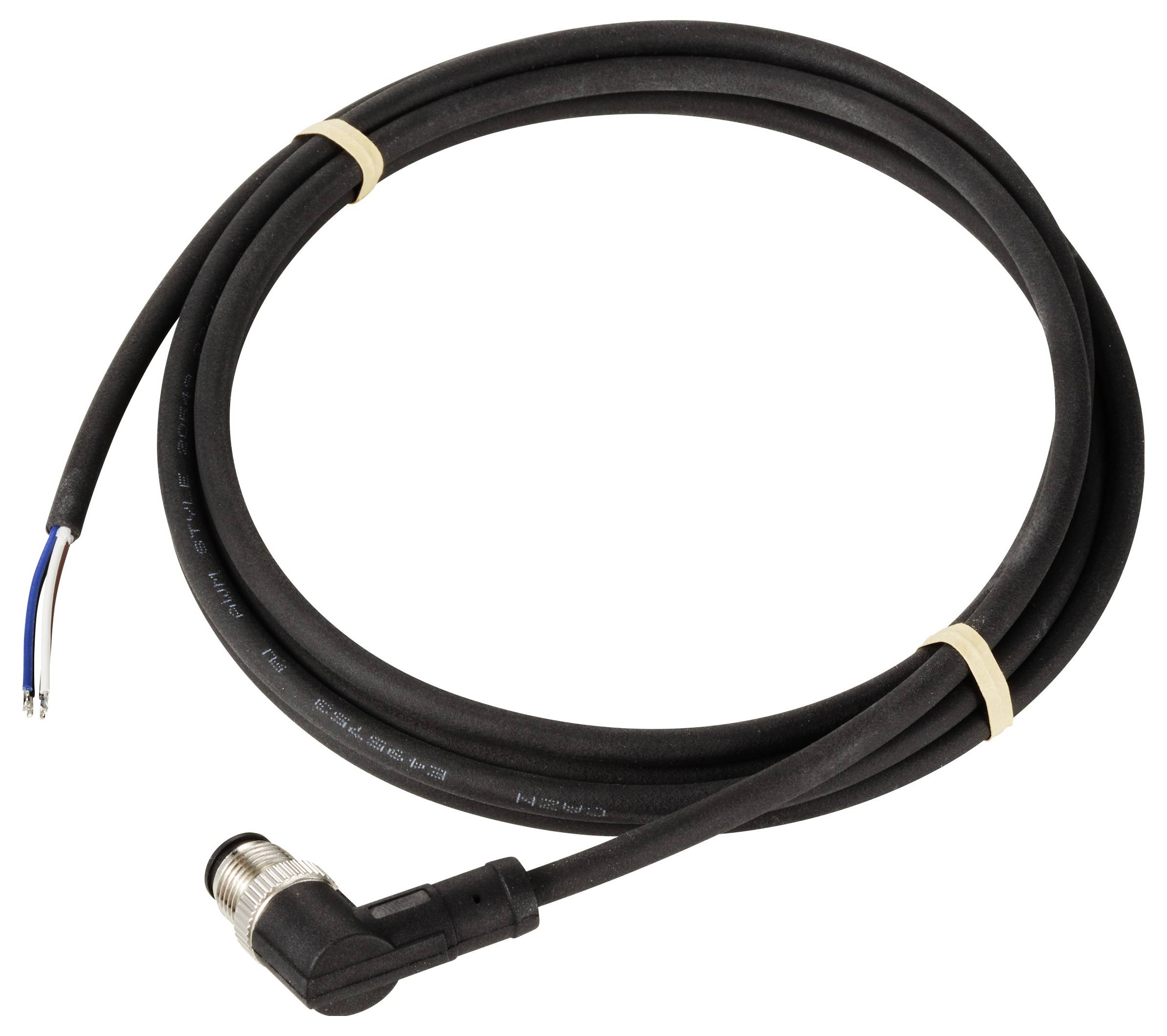 A black, coiled cable with an angled plug at one end and exposed wires at the other end.