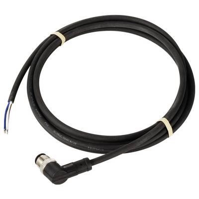 A black, coiled cable with an angled plug at one end and exposed wires at the other end.