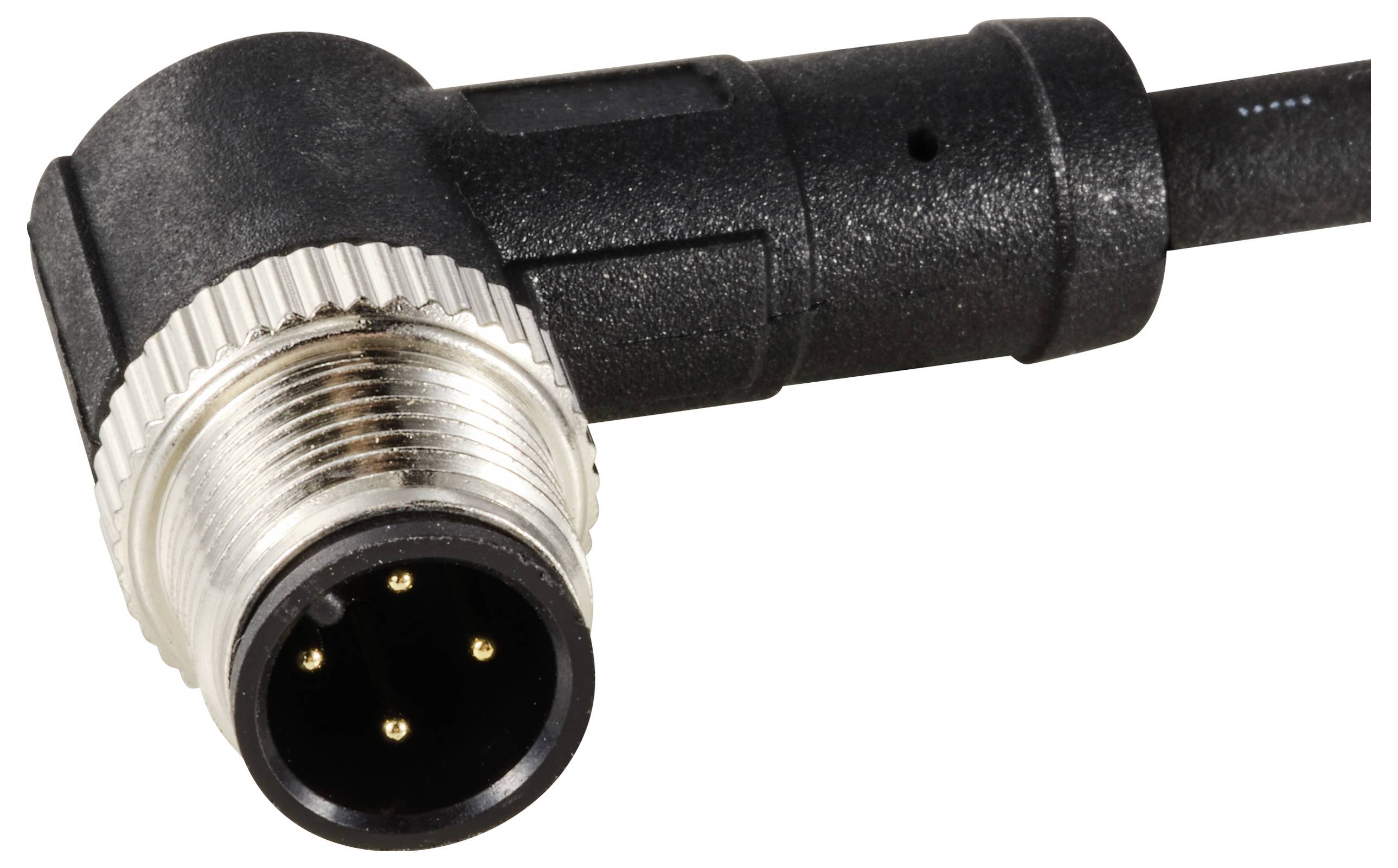 A black, right-angled electronic plug with four metal pins and a metallic thread in the near vicinity.