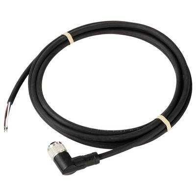 A black cable with a metal plug at one end and exposed wire ends at the other. It is coiled and secured with rubber bands.