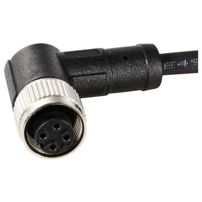 A black angular plug with a silver screw ring and four sockets. Suitable for electronic connections.