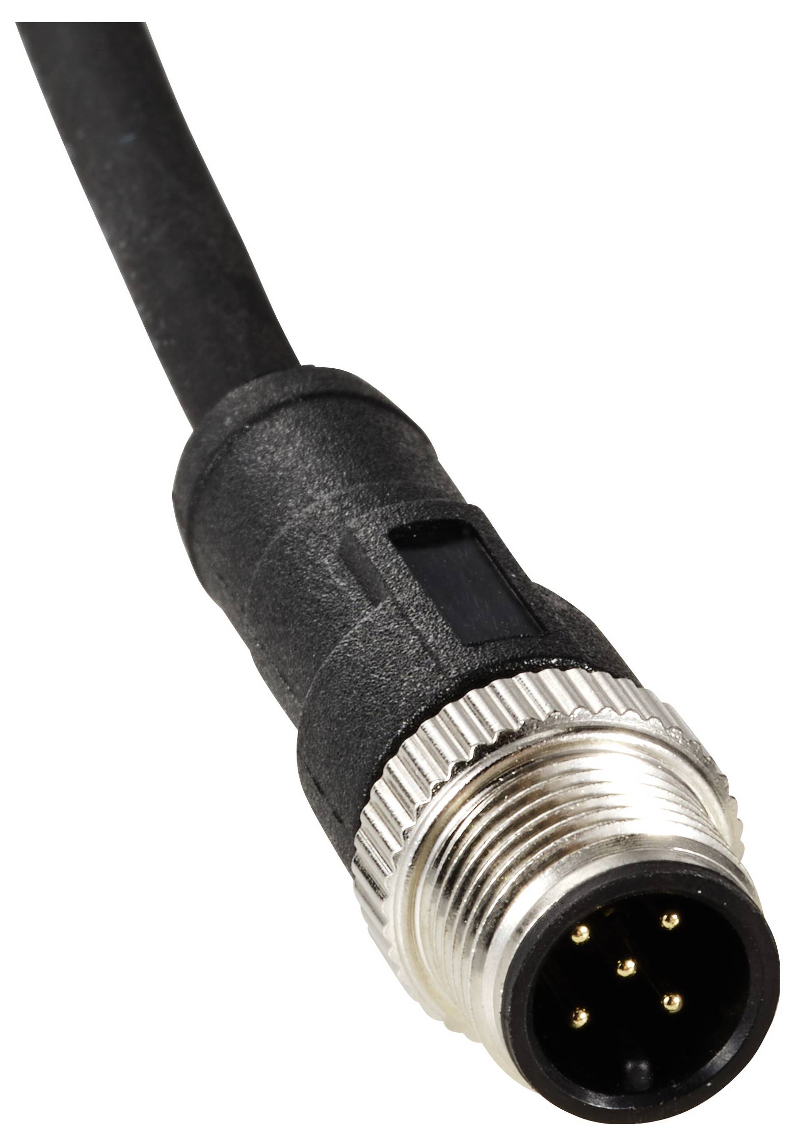 Black cable with round, silver plug and five golden pins, for electronic connections.