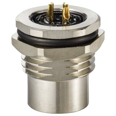 A metal plug with two gold-plated pins and threading. Designed for electrical connections or industrial applications.