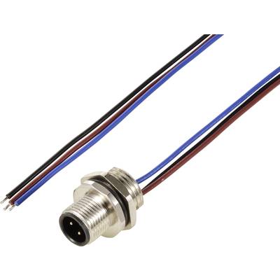 A metal plug with three protruding wires in black, blue and red colours. The plug has a threaded screw connection.