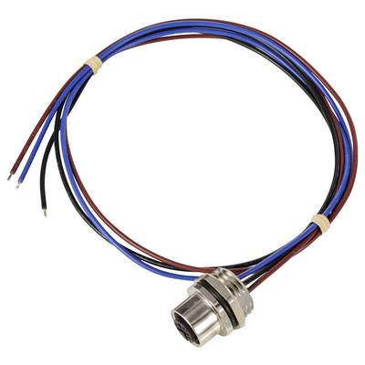 'Connector with multiple colourful cables: red, blue and black cables are attached to a round metal plug.'