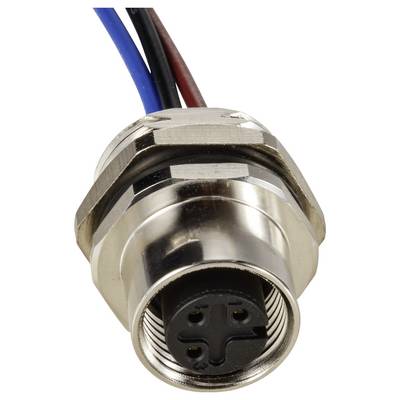 A round, metallic connector with four pins, to which three coloured wires are attached: blue, red, and black.