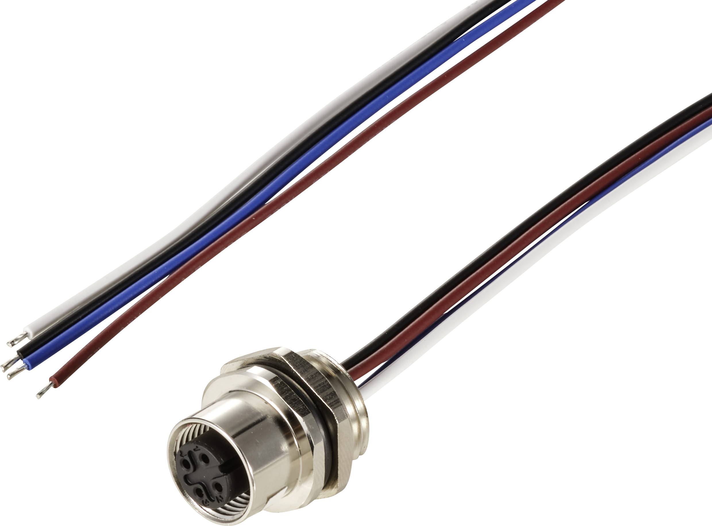 M8 connector with cables: red, blue, brown, black, white. This is used for electrical connection in industrial applications.