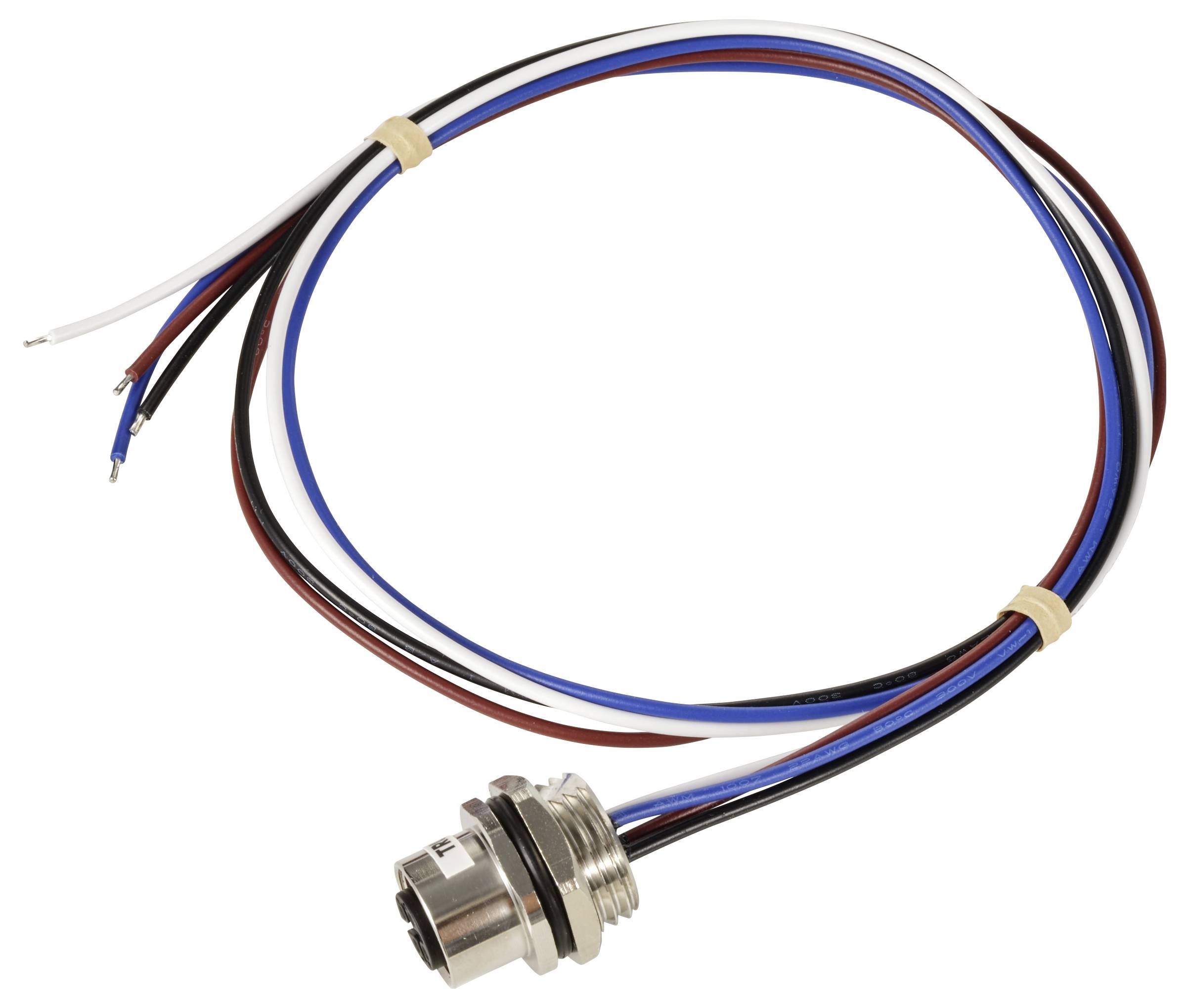 Cable harness with three differently coloured wires (white, blue, red) and a metal connector at the end, on a white background.