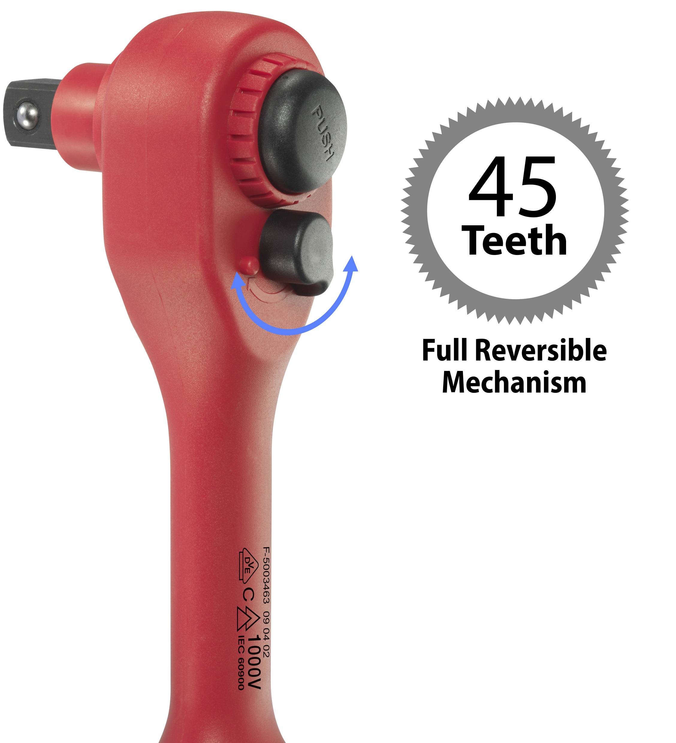Red ratchet mechanism with '45 teeth' and 'Full reversible mechanism'. Blue-marked rotation direction shows mode of operation.