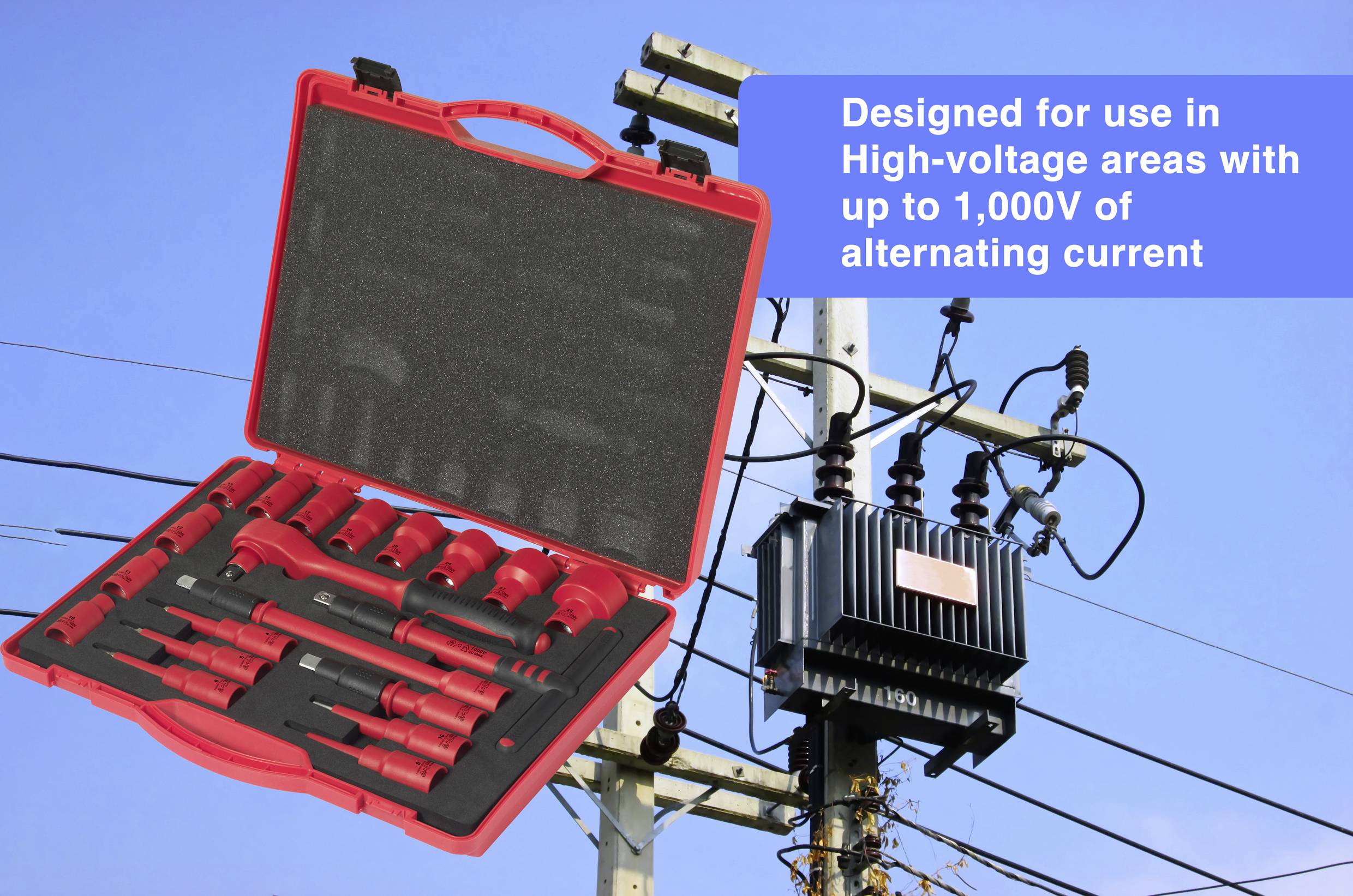 A tool case with insulated tools hangs in the air in front of an electricity pylon. Text: 'Designed for high-voltage areas up to 1,000 V alternating current'.