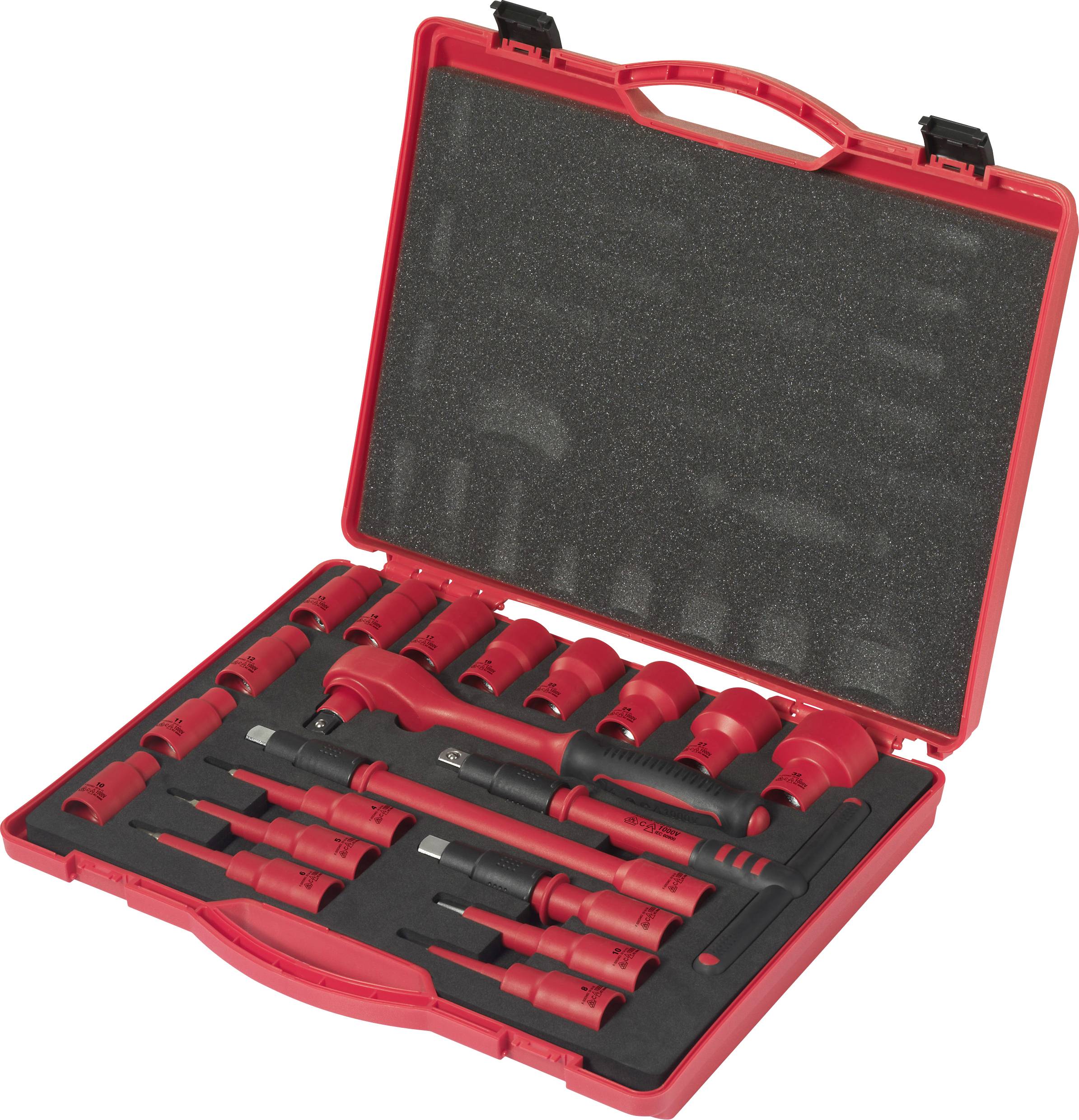 'Red toolbox with various drill head attachments and socket wrench inserts in foam lining, opened on table.'