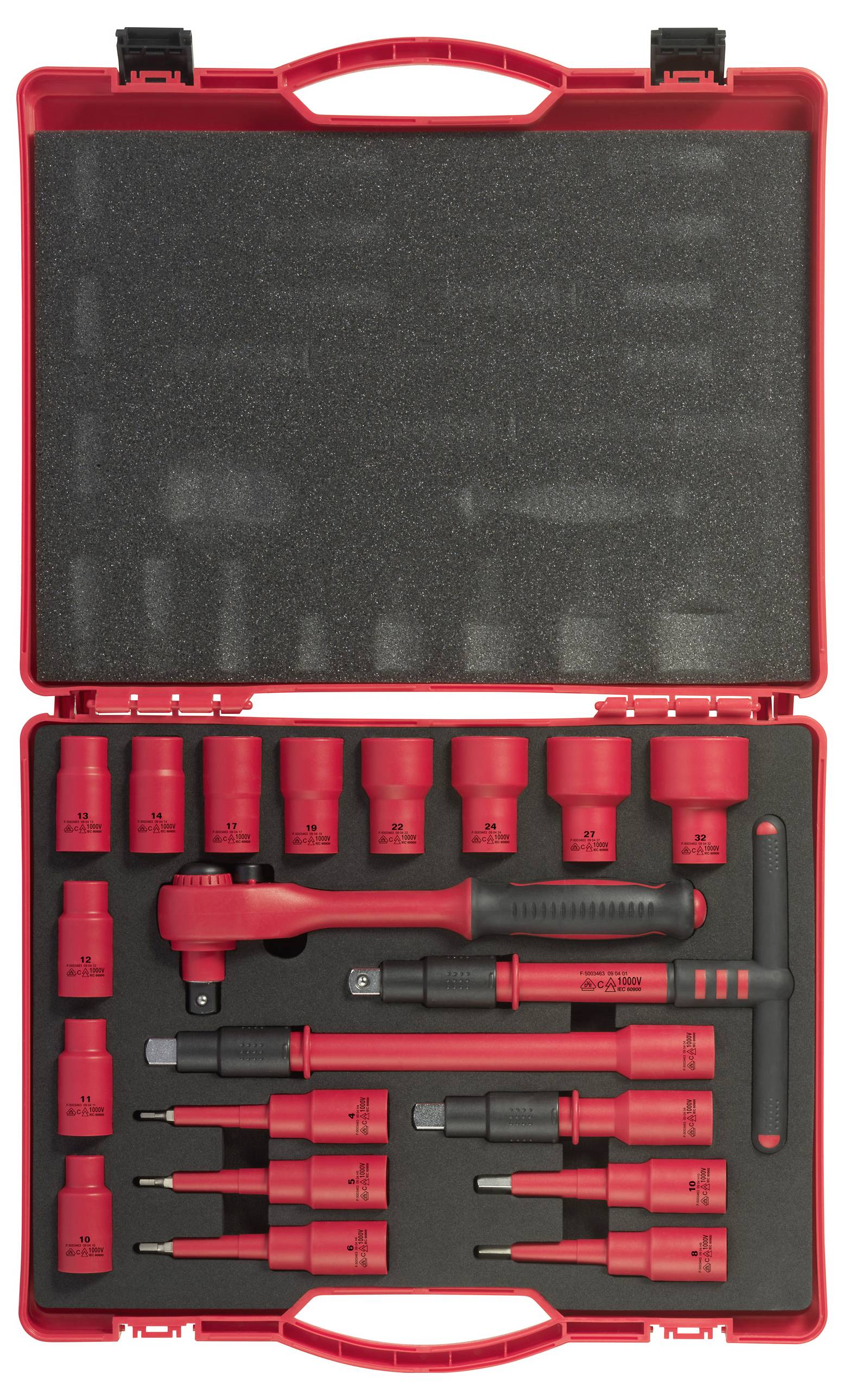 Red toolbox with socket wrench sets and screwdrivers in various sizes, neatly arranged.