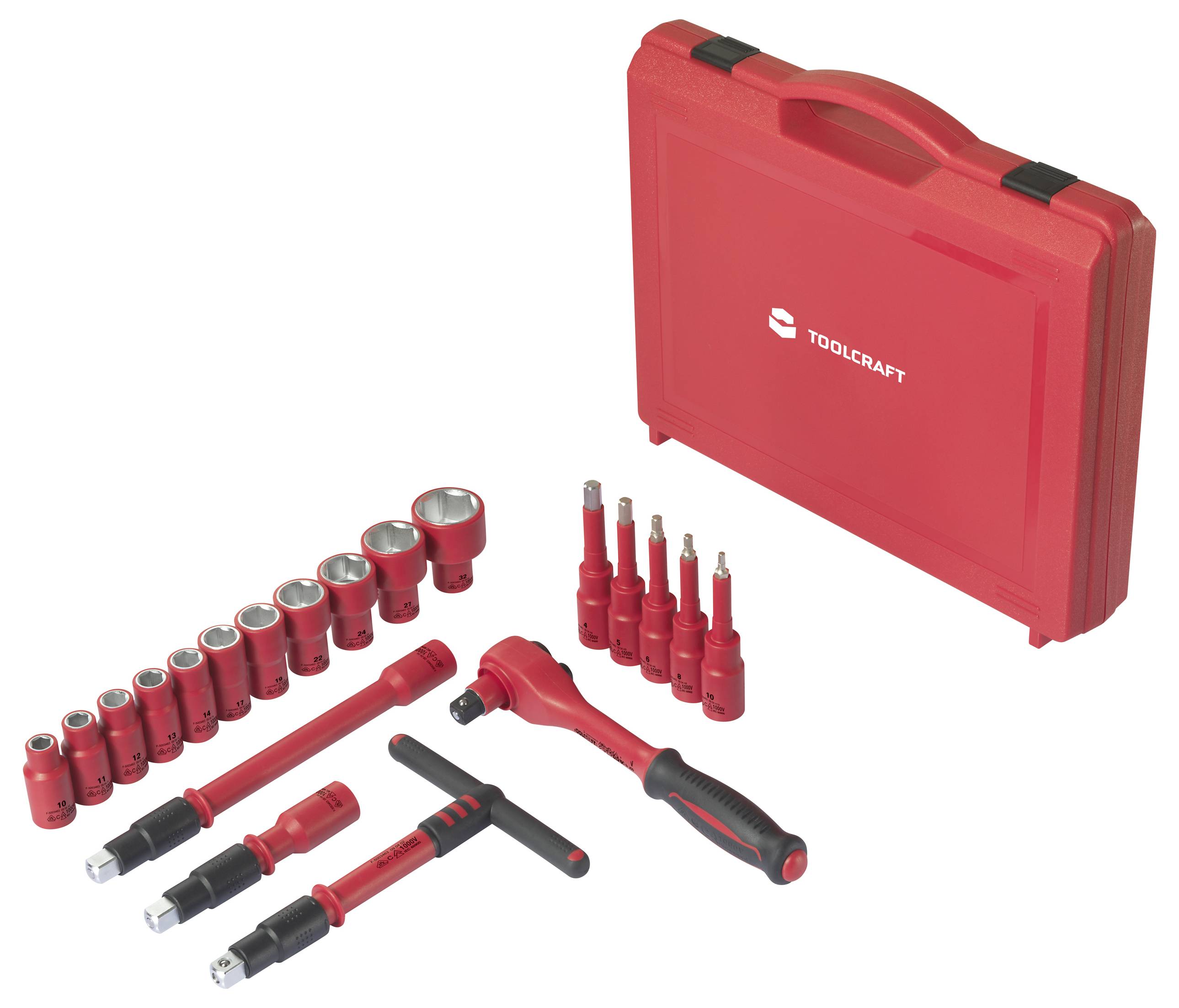 Red tool case with various socket keys, ratchet, and extensions, all in red colour.