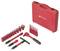 Red tool case with various socket keys, ratchet, and extensions, all in red colour.