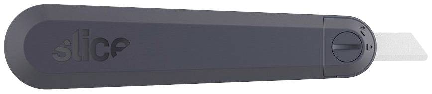 Black safety knife with white ceramic blade and 'slice' logo printing. Blade partially retracted, ergonomic design.