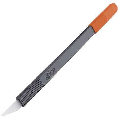 'Grey ceramic knife with red handle, suitable for precise cutting.'