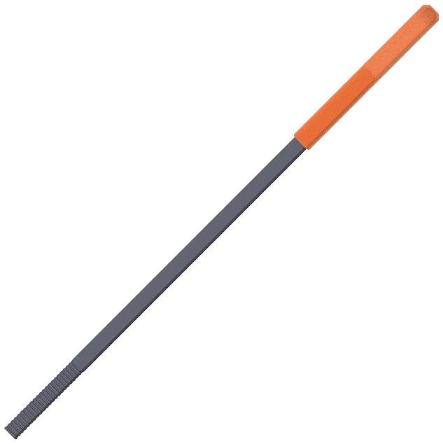 A grey metal rod with a ribbed end and an orange section at the opposite end.