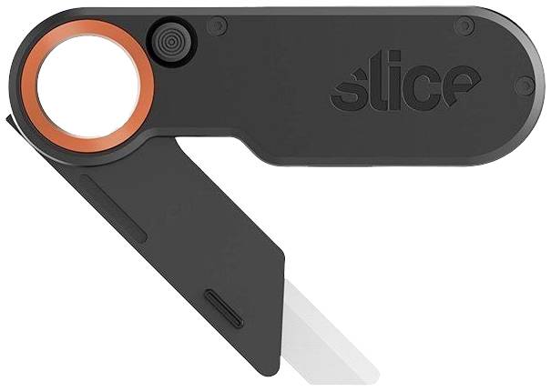 A black folding knife with an orange circular handle and the word 'slice' inscribed on the blade.