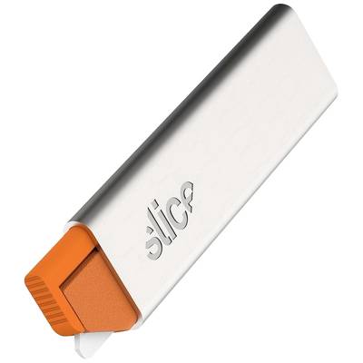 Silver safety knife with an orange blade and handle. 'Slice' brand name on the casing. Designed for safe cutting.