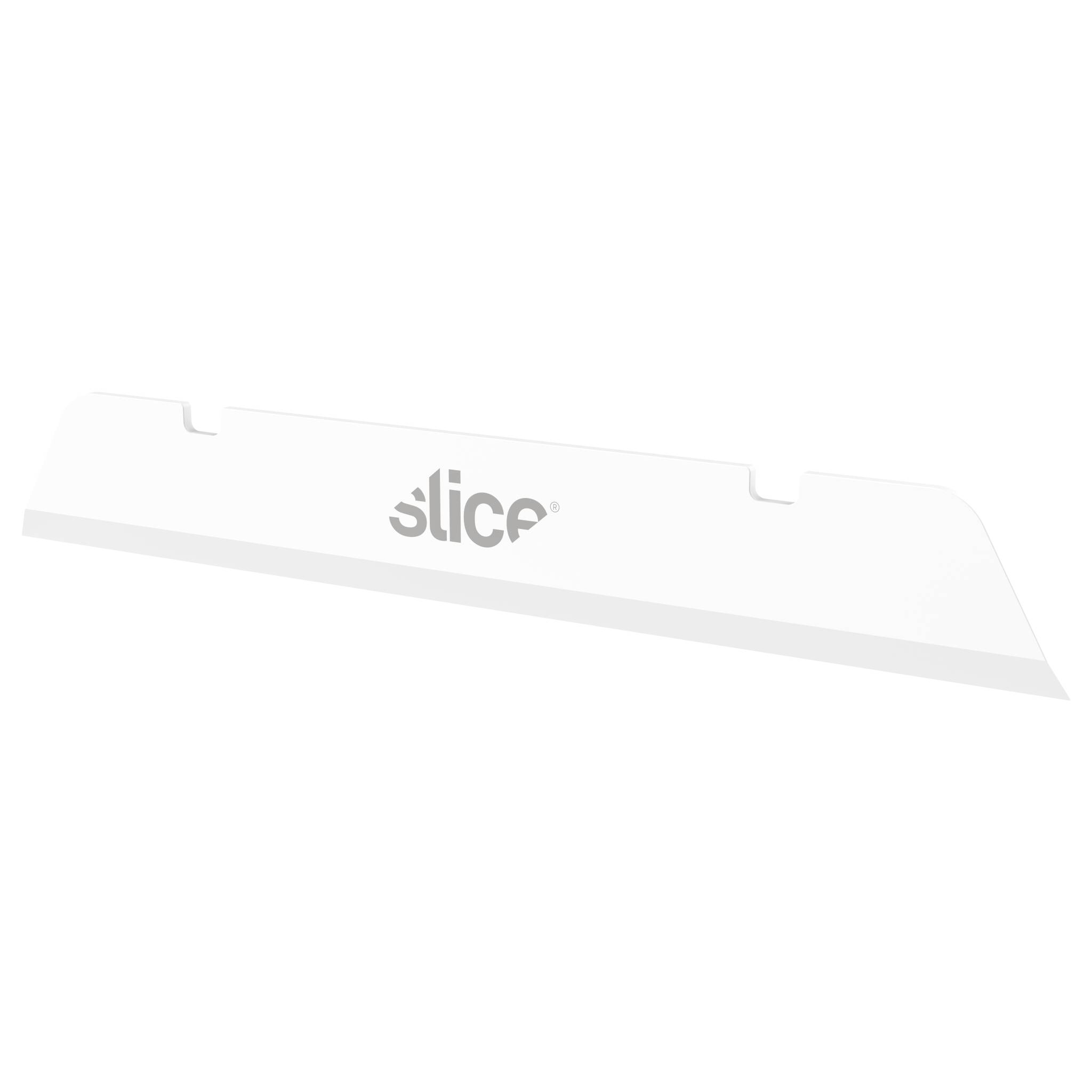 White replacement blade with 'slice' marking, suitable for safety knives, emphasises injury prevention and durability.