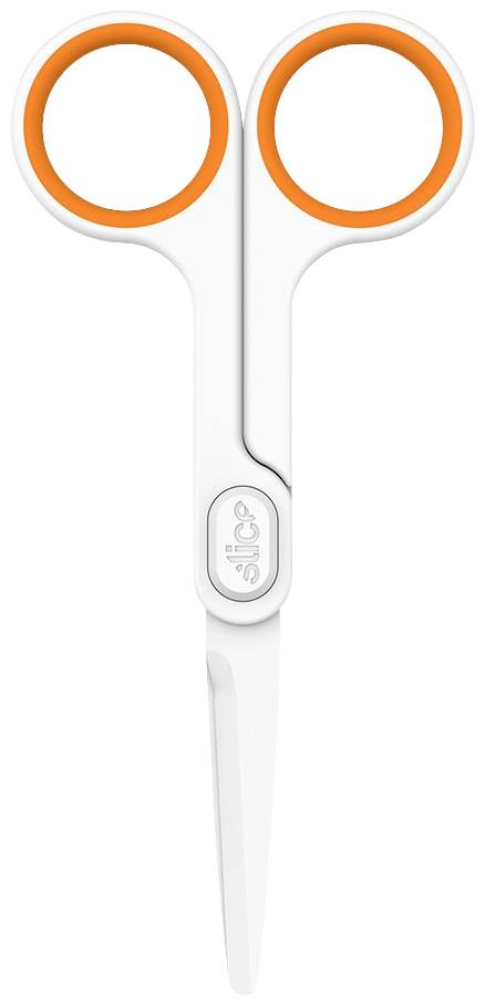 A white pair of scissors with orange handles, positioned vertically with the tips pointing downwards.