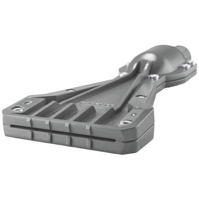 Grey plastic adapter with metal reinforcements and screw mounting points. Used for connecting cables on machinery.