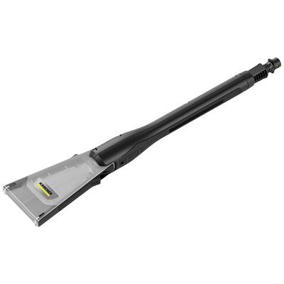 A cleaning attachment with a wide, clear plastic head and sturdy black handle, ideal for carpet or upholstery cleaning.