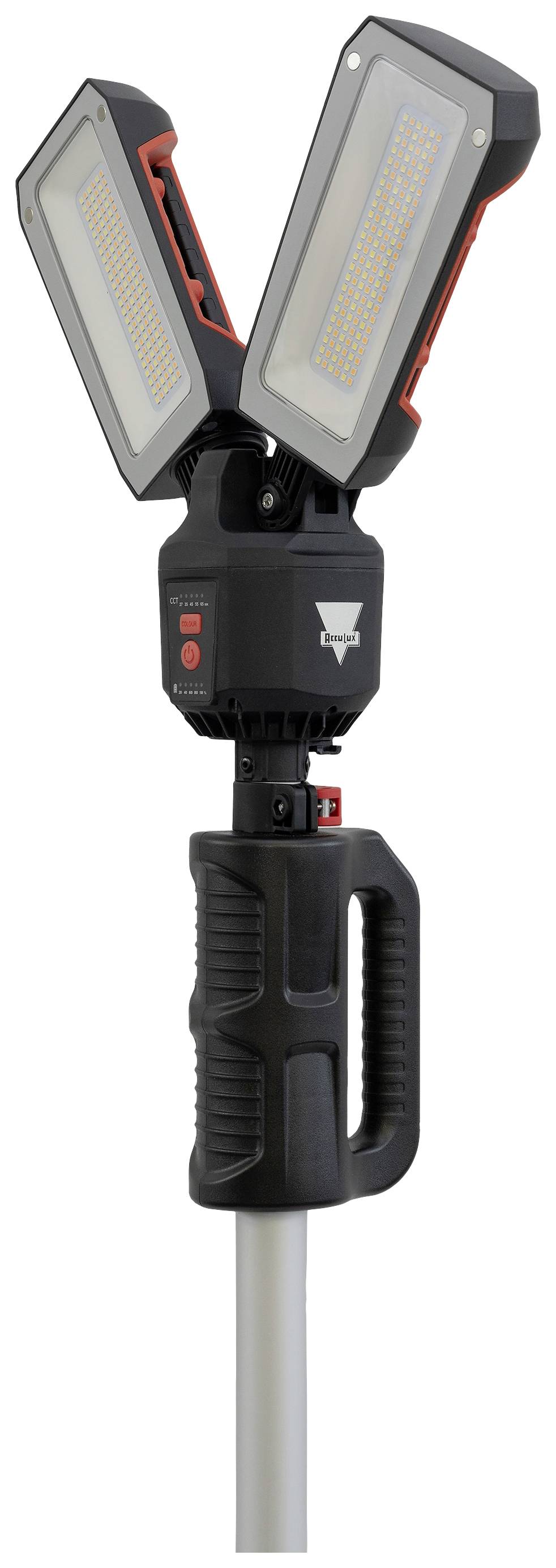 A portable LED work light with two adjustable light panels on a single handle, ideal for flexible illumination of work areas.