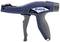 A blue-grey cable tie tool by HellermannTyton, model 'EVO9i', designed for tightening cable ties, with an ergonomic shape.
